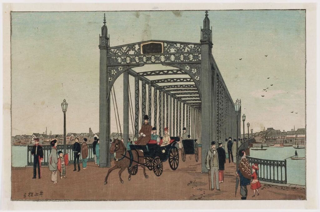 Nishiki-e print by Inoue Yasuji showing the Azuma Bridge with a horse carriage and a steam engine – a symbol of the industrial revolution and Japanese modernism in the Meiji period.