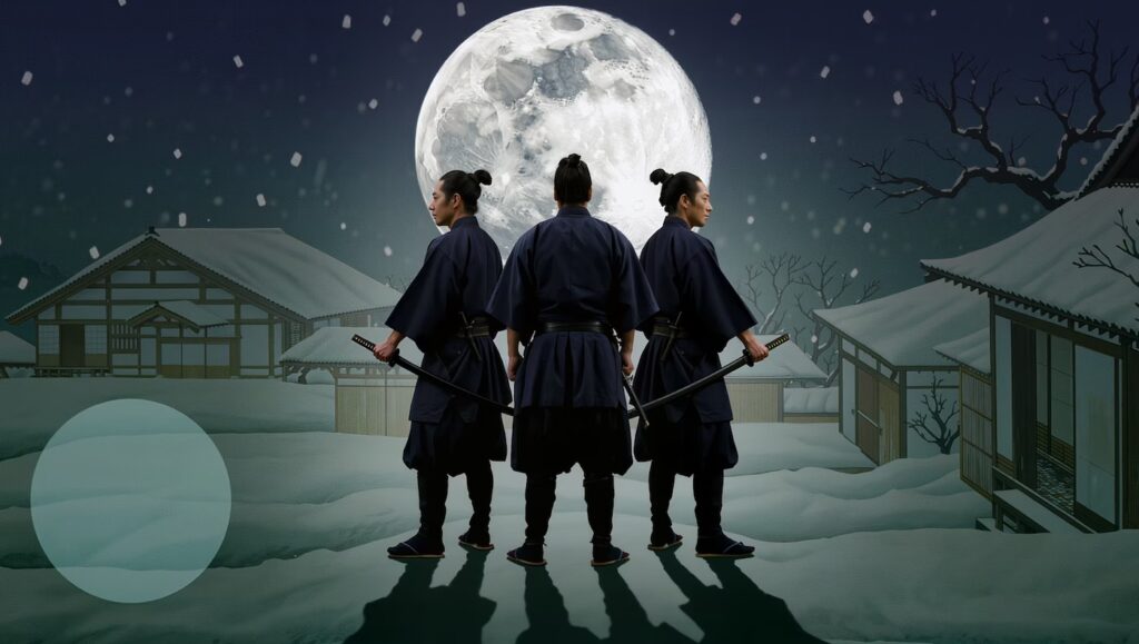 Three rōnin with katana in a snow-covered Japanese village under a full moon