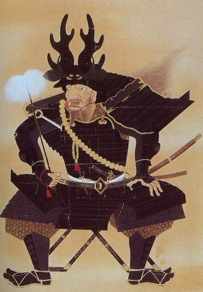 Portrait of Honda Tadakatsu wearing his famous deer-antler kabuto.