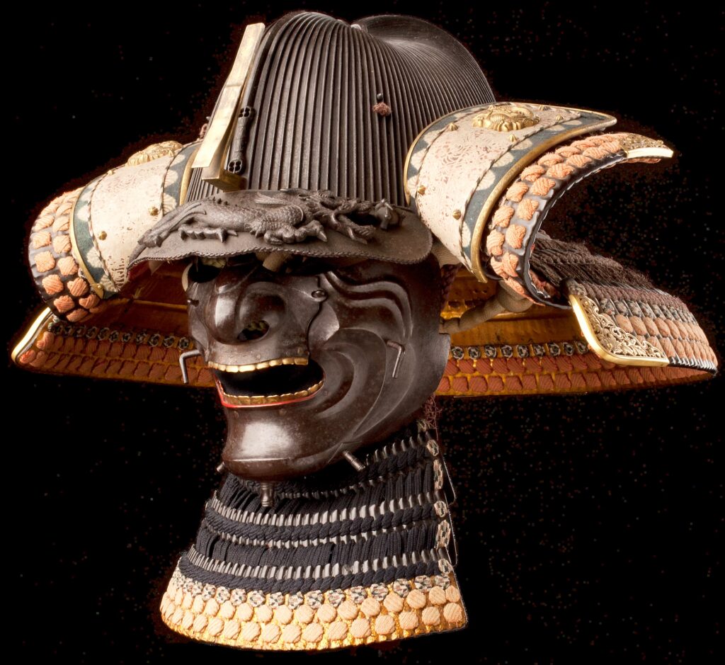 Suji kabuto helmet bowl with 136 iron plates and a double-edged sword, from the collection of Samurai Museum Berlin.