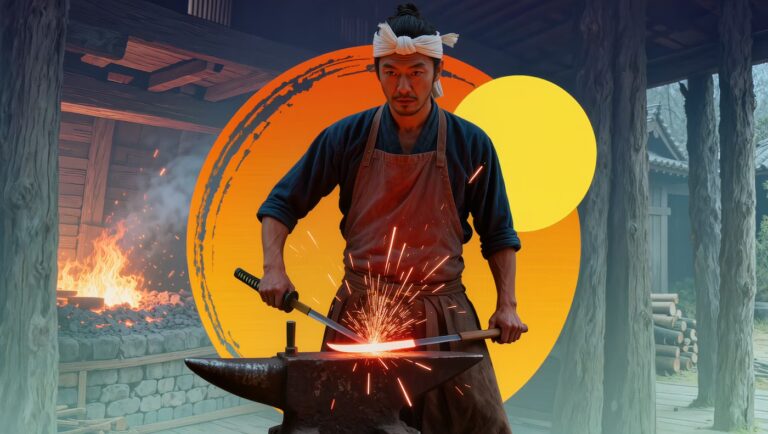 Japanischer Schwertschmied mit Hachimaki schlägt glühende Katana-Klinge auf Amboss mit Funkenflug vor Tatara-Ofen – Tamahagane Schmiedekunst