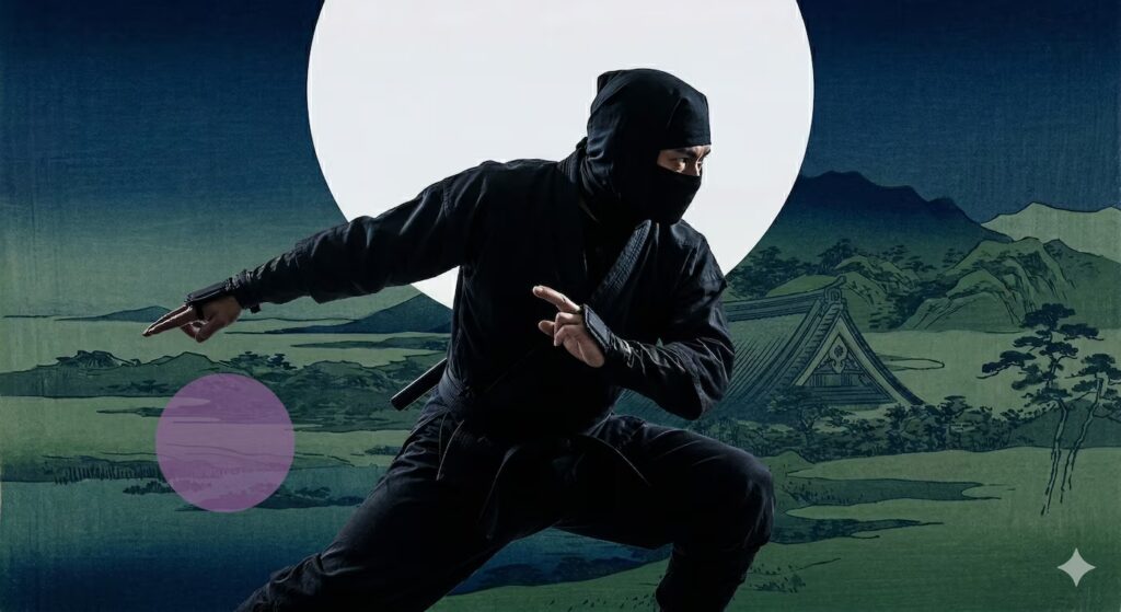Japanese ninja in combat gear wielding two shuriken before mountains and a pagoda
