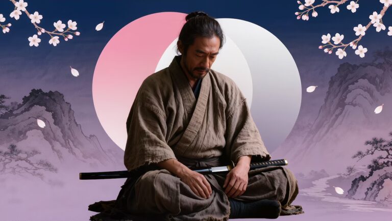 Digitale Collage eines fotorealistischen Samurai in einfacher brauner Robe, der meditierend mit seinem Katana auf dem Schoß sitzt. Der Hintergrund zeigt eine sanfte Ukiyo-e-Berglandschaft in Violett- und Blautönen mit blühenden Kirschblütenzweigen und zwei großen, sich überschneidenden Kreisen in Rosa und Weiß.