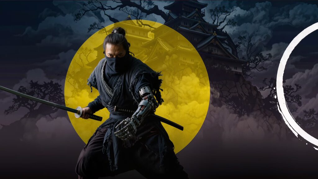 Digital collage: ninja with mechanical arm before a night-time ukiyo-e castle backdrop and full moon