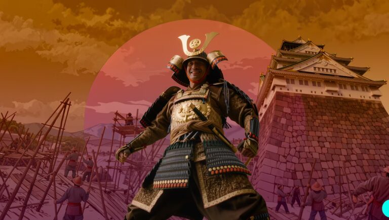 Digitale Collage eines fotorealistischen, lachenden Samurai in einer prachtvollen gold-verzierten Rüstung. Der flache Ukiyo-e-Hintergrund zeigt eine Baustelle an einer japanischen Burgfestung (ähnlich Osaka Castle) in warmen Orange- und Brauntönen, akzentuiert durch eine große pinkfarbene Sonnenscheibe.