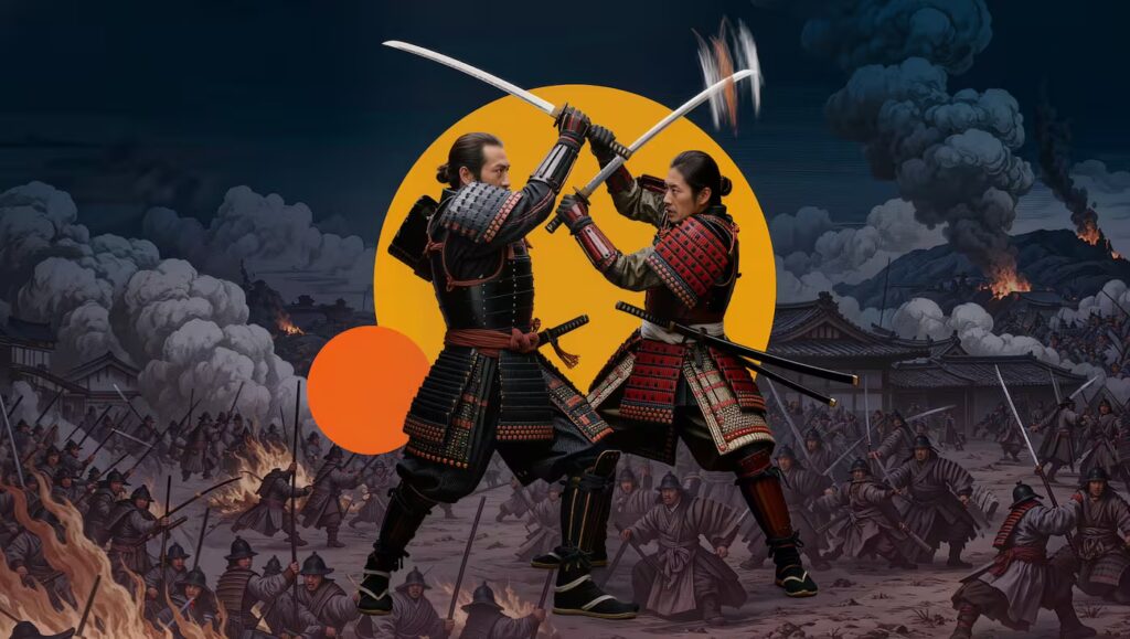 Stylized illustration of two samurai clashing swords before a burning battlefield