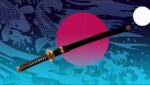 Japanisches Tachi-Schwert mit goldenen Beschlägen vor Ukiyo-e Koi-Karpfen-Motiv – Vorläufer des Katana aus der Heian-Zeit