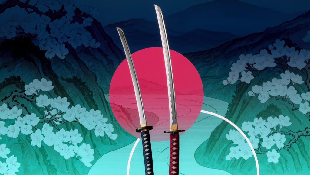 Katana and wakizashi displayed as a daishō pair among cherry blossoms