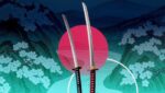 Katana und Wakizashi als Daishō-Paar vor Kirschblüten – das symbolische Schwertpaar des Samurai mit blauem und rotem Griff