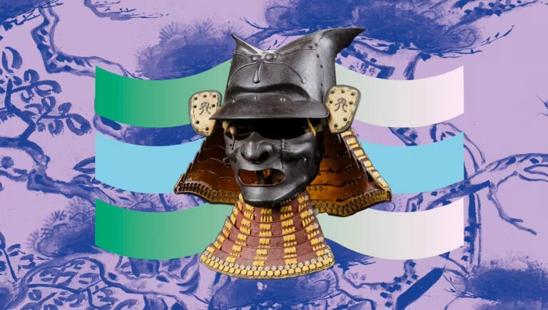 Eboshi-Stil-Kabuto mit imposanter Mempo-Maske vor lila Hintergrund mit Wellenmotiven — sinnbildlich für den Ehrenkodex der Samurai-Krieger.