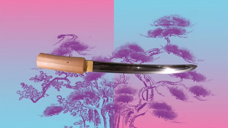 Tantō-Klinge in heller Shirasaya-Holzfassung vor stilisierter Bonsai-Landschaft in Pink und Türkis — das traditionelle Werkzeug des rituellen Seppuku.