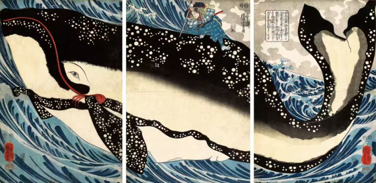 Holzschnitt-Triptychon von Utagawa Kuniyoshi: Miyamoto Musashi tötet einen Riesen-Wal — eine ikonische Darstellung des legendären Schwertmeisters.