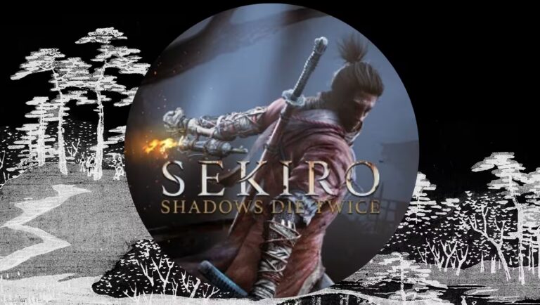 Cover-Motiv des Videospiels "Sekiro: Shadows Die Twice" mit Shinobi-Krieger und gezogenem Schwert — Beispiel zeitgenössischer Samurai-Pop-Kultur.