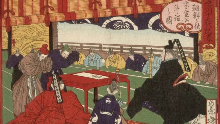 Holzschnitt einer höfischen Audienz-Szene im Shogunat mit Tokugawa-Wappen (Mitsuba-Aoi) und versammelten Daimyō in formeller Kleidung.