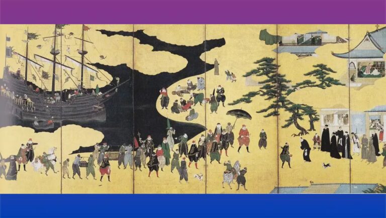 Namban-Stellschirm mit der Ankunft eines portugiesischen Handelsschiffs in Japan und europäischen Händlern – historischer Kontext für die Geschichte des afrikanischen Samurai Yasuke.