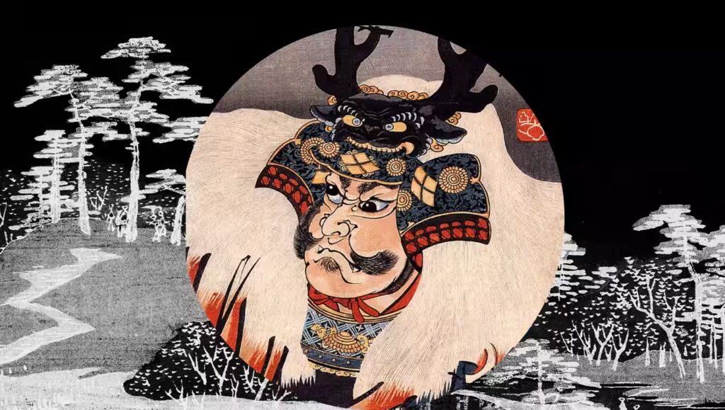 Ukiyo-e portrait of Takeda Shingen wearing an antlered kabuto with a lion-mane crest