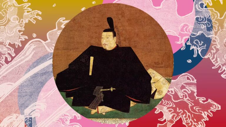 Klassisches Portrait Ashikaga Takaujis mit charakteristischem Eboshi-Hut und schwarzer Kleidung – Begründer des Ashikaga-Shogunats.