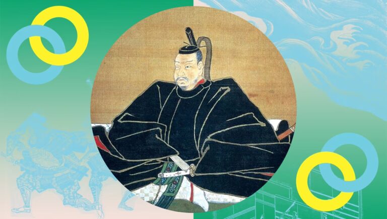 Portrait Date Masamunes als sitzender Daimyō mit Eboshi-Hut und Schwert vor stilisiertem grün-blauem Hintergrund – Gründer des Sendai-Clans.