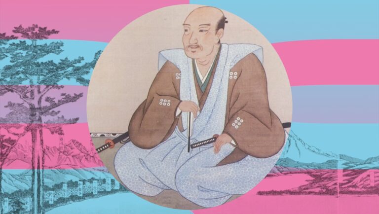 Portrait Sanada Yukimuras mit dem charakteristischen Rokumonsen-Wappen (sechs Münzen) seines Clans – legendärer Krieger der Belagerung von Osaka.