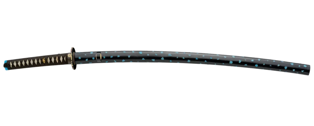 Complete katana koshirae at the Samurai Museum Berlin – black-lacquered saya with turquoise inlays and a golden family crest