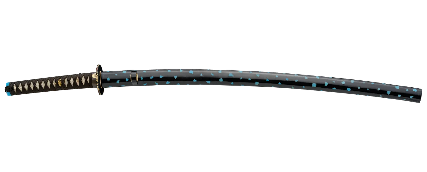 Komplettes Katana-Koshirae im Samurai Museum Berlin – schwarz lackierte Saya mit türkisen Einlagen und goldenem Familienwappen
