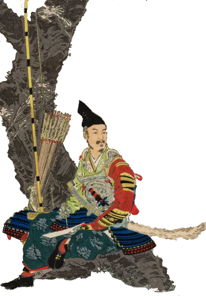 Samurai archer in full armor with yumi and ya, seated beneath a blossoming tree — Japanese ukiyo-e woodblock print of a warrior of the pre-modern era