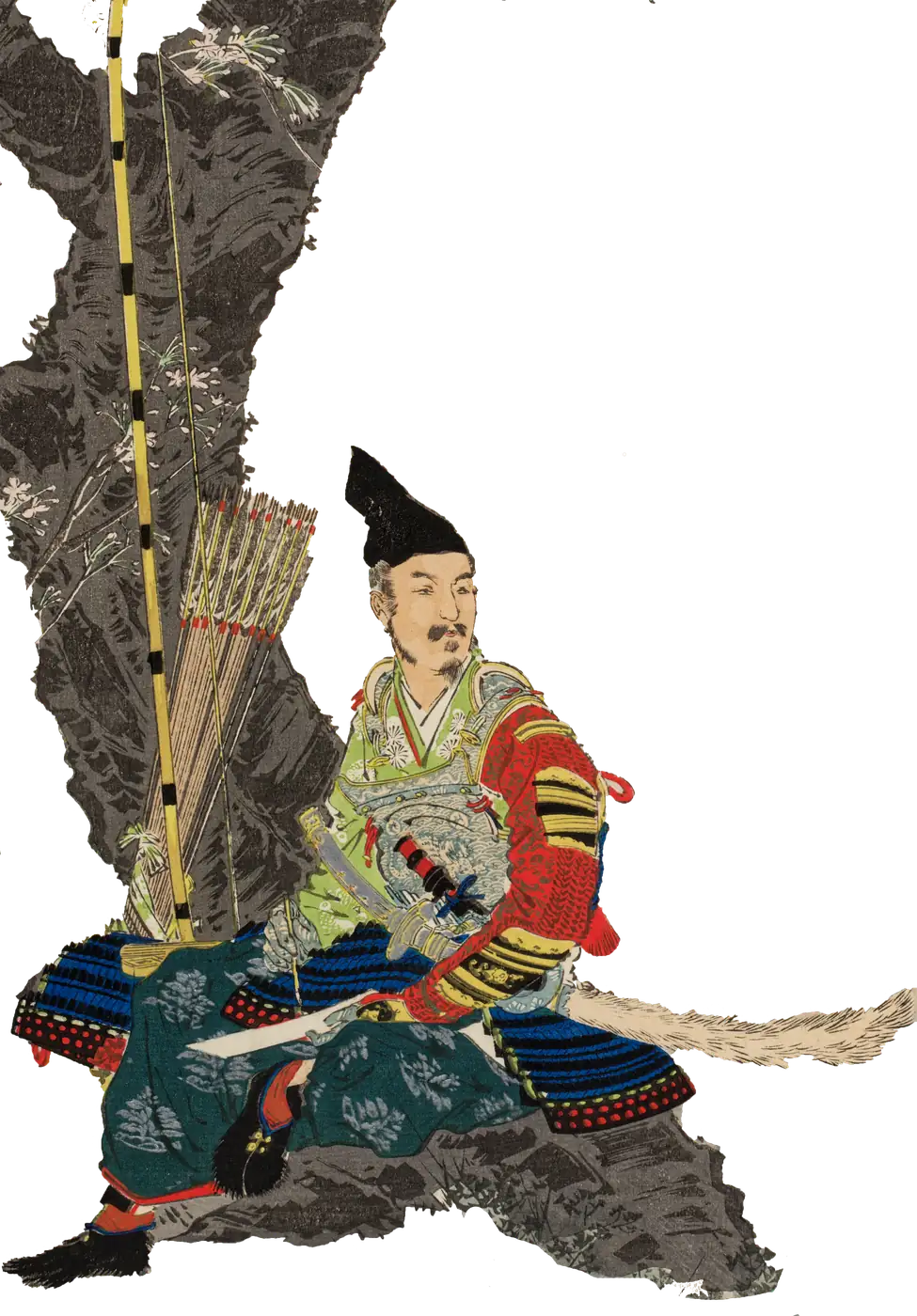 Samurai-Bogenschütze in voller Rüstung mit yumi und ya, sitzend unter blühendem Baum — japanischer ukiyo-e-Holzschnitt eines Kriegers der vormodernen Zeit