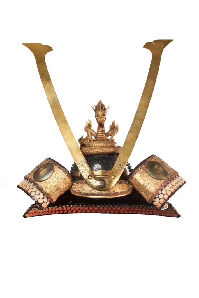 Kabuto helmet with a golden dragon maedate crest and V-shaped wakidate side horns, front view