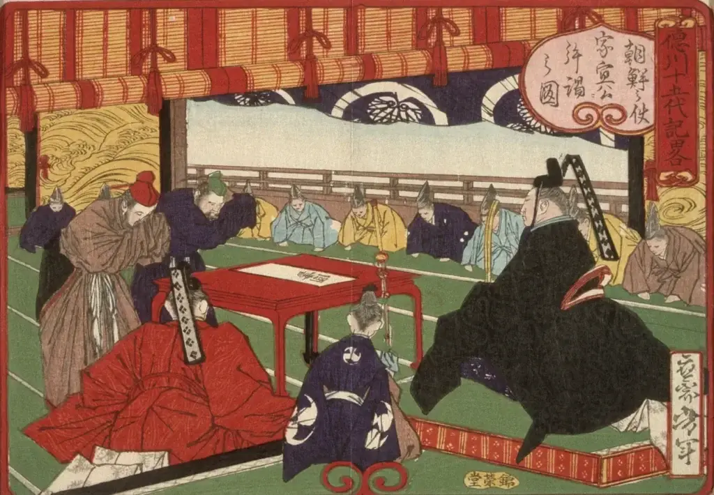 Colour woodblock print of a ceremonial shogun audience with Tokugawa Ieyasu in the Edo period