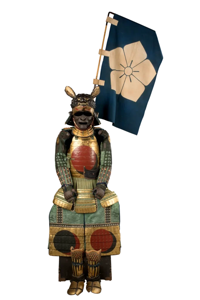 Complete tosei gusoku armor with rabbit-ear helmet crest and blue sashimono banner