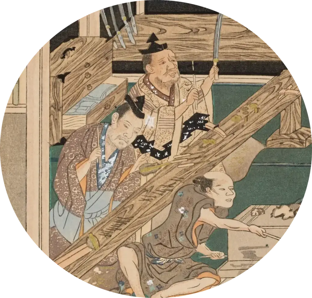 Illustration of a Japanese swordsmith's workshop with craftsmen at work
