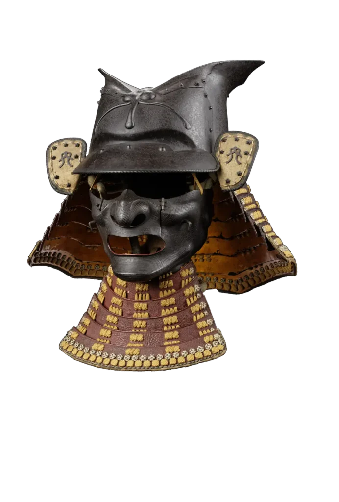 Black Kawari-Kabuto helmet from 1678 with Ressei-Mempō and lateral crests, frontal view — Edo-period samurai helmet in a representative design