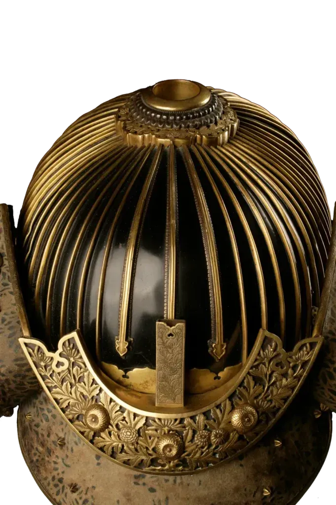 Close-up of the tehen opening with gilded kanamono fittings on a suji-bachi helmet