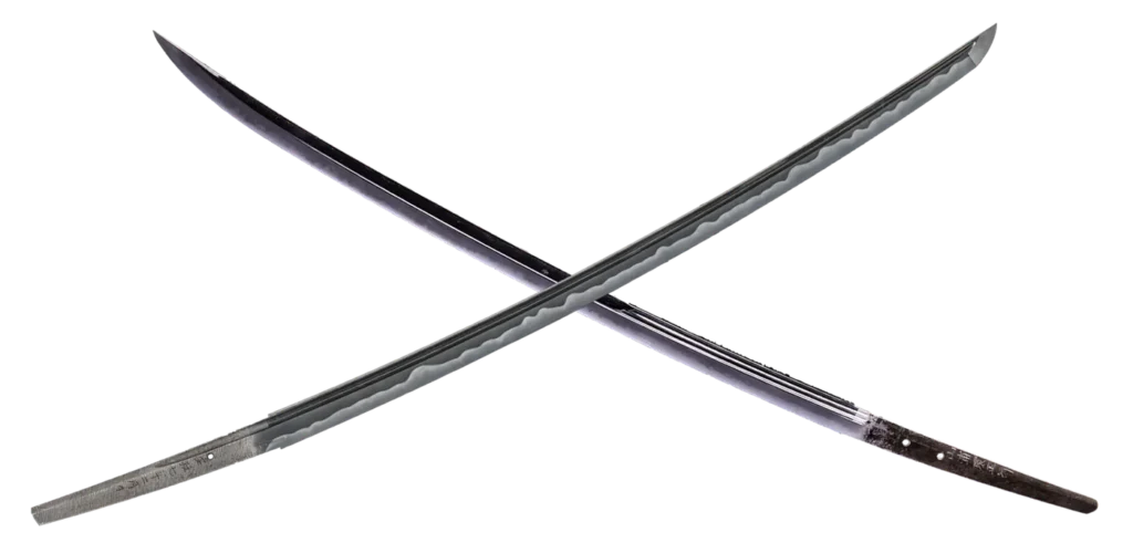 Two crossed katana blades by Masayuki and Munetsugu with visible signatures, Samurai Museum Berlin