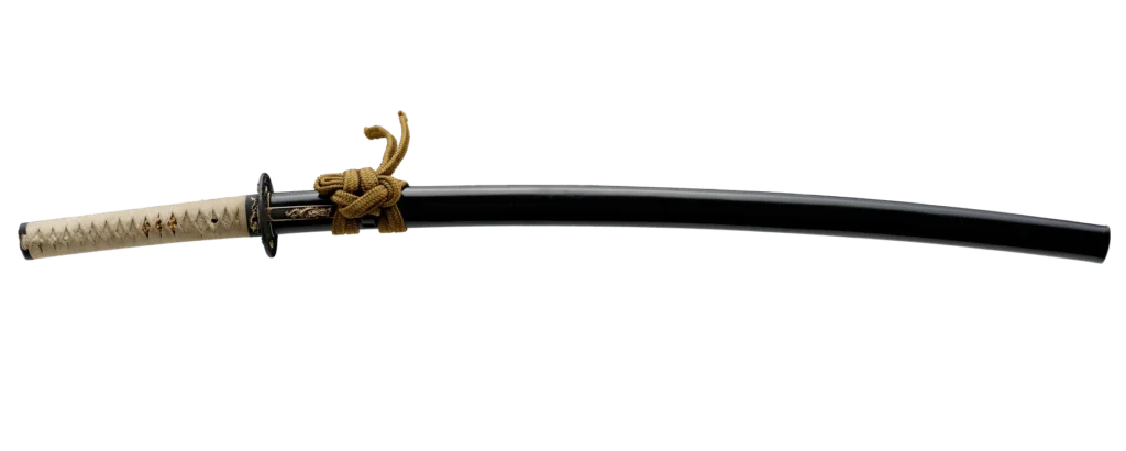 Katana in koshirae mounting with black lacquered saya and cream-coloured handle wrap