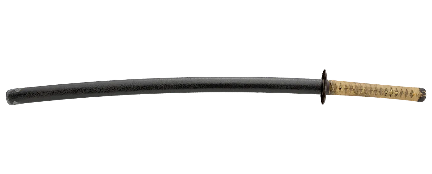 Katana mit Koshirae – schwarz lackierte Saya und hell umwickelte Tsuka, Gesamtansicht, Samurai Museum Berlin