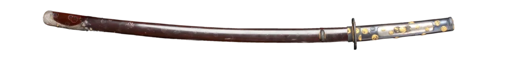 Katana koshirae with brown lacquered saya and gold Tokugawa mon decoration