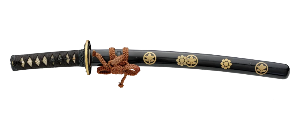 Katana koshirae with black lacquered saya, gold mon crests and brown sageo cord