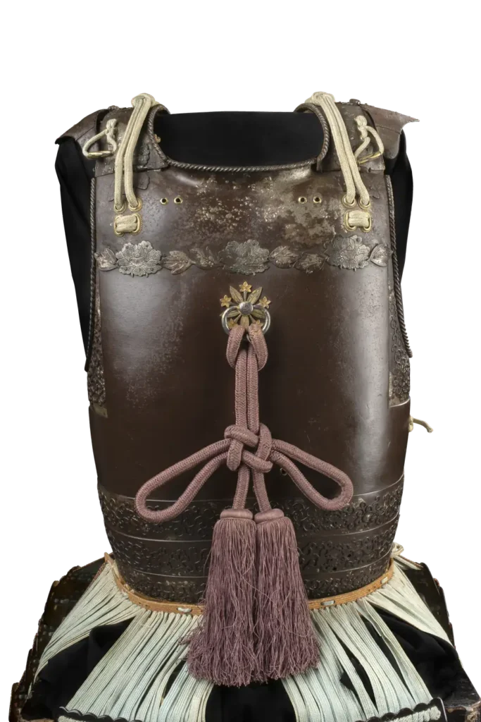 Brown lacquered cuirass with silver floral decoration and purple agemaki tassel