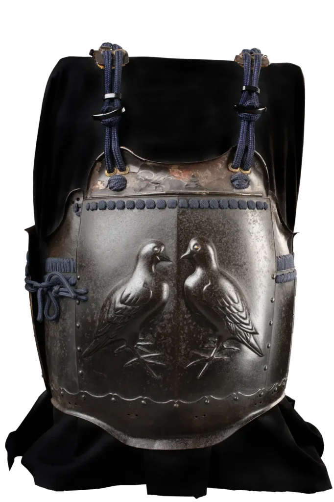 Smooth iron cuirass with relief pair of doves and blue lacing cords