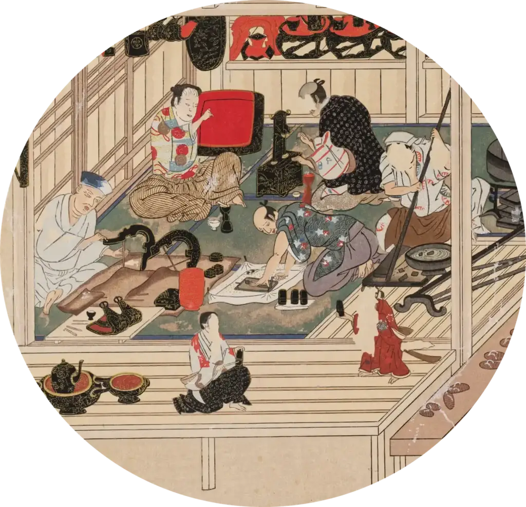 Ukiyo-e depiction of a swordsmith's workshop with several craftsmen