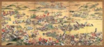 Ein traditioneller japanischer Byōbu-Faltschirm mit einer detailreichen Panoramadarstellung der Schlacht von Sekigahara. Zu sehen sind Hunderte von miniaturisierten Samurai-Kriegern und farbenfrohen Clan-Bannern in einer weiten Hügellandschaft.