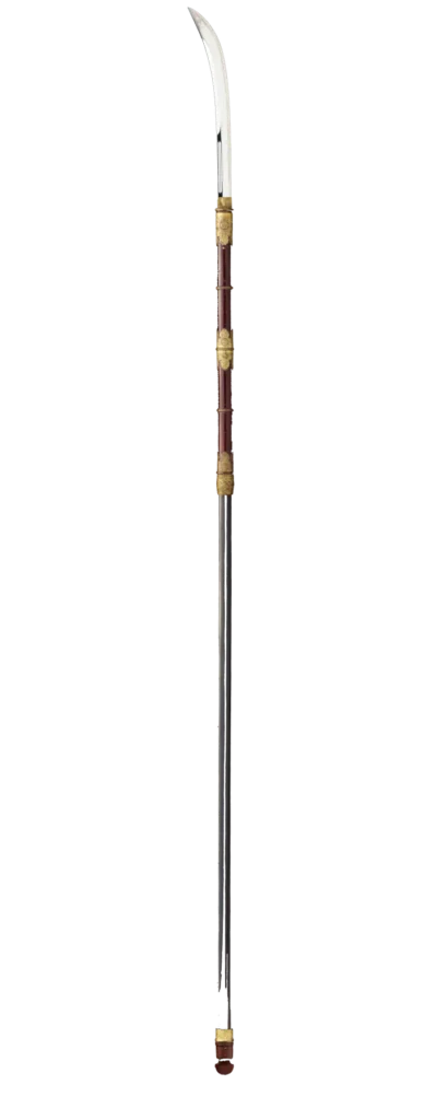 Naginata with curved blade, red grip and gilt fittings
