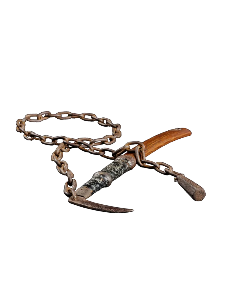 Kusarigama: sickle with iron chain and weight on wooden handle, isolated