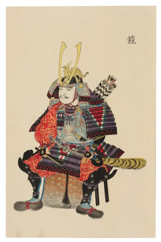 Woodblock print of a seated samurai in ō-yoroi with dragon maedate