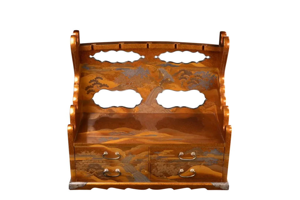 Katanadansu sword storage cabinet with gold-lacquered landscape and waterfall motif