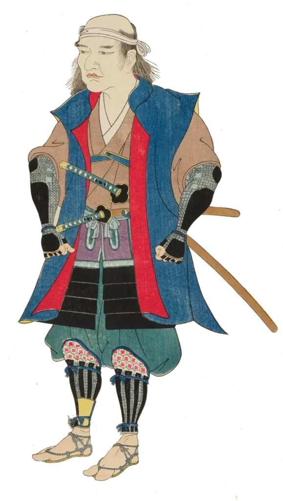 Colour woodblock print of a standing samurai with a blue cloak and a daishō pair of swords in his belt, Samurai Museum Berlin