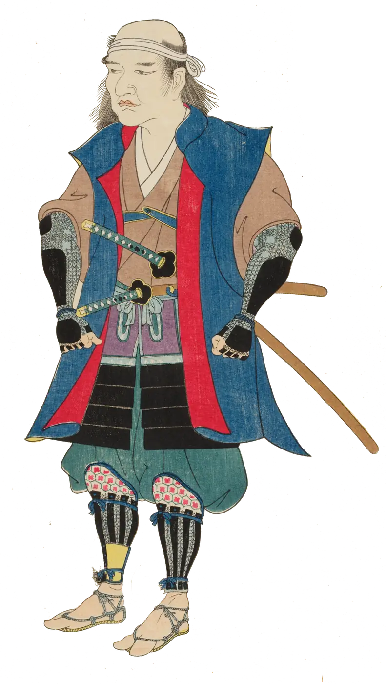 Farbholzschnitt eines stehenden Samurai mit blauem Umhang und Daishō-Schwertpaar im Gürtel, Samurai Museum Berlin
