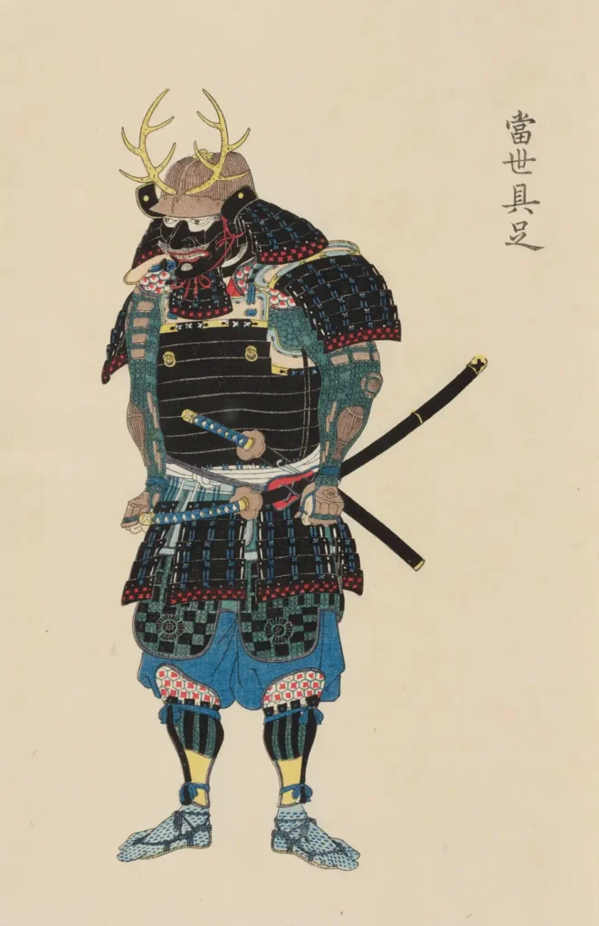 Samurai in Tōsei-Gusoku armor with antlered kabuto and daishō at the belt — Japanese woodblock print of a heavily armed warrior