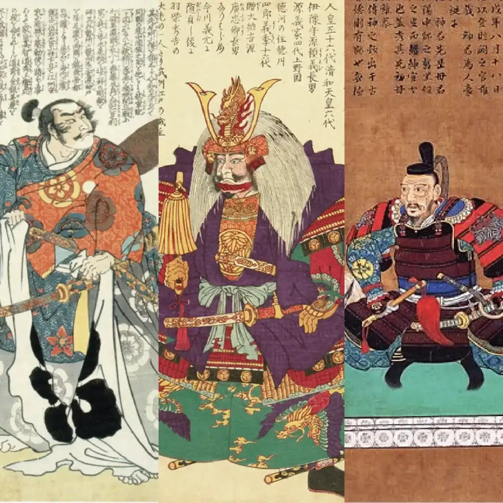 Illustration of the three unifiers Oda Nobunaga, Toyotomi Hideyoshi and Tokugawa Ieyasu